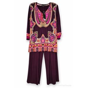 CSC Studio 2 Pc Purple Pink Paisley Tunic Pant Set Sz M Boho Careerwear Resort